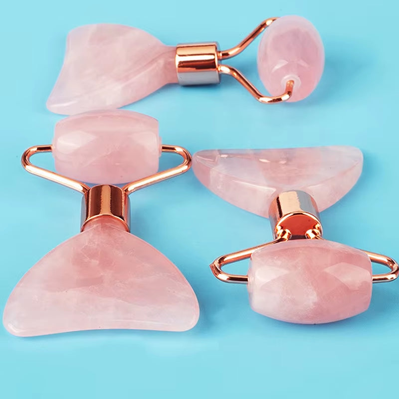 Double Head Crystal Jade Roller Massage Spa Natural Pink Face Massagers Gua Sha Natural Stone Gua Sha Tools Reducing Wrinkles