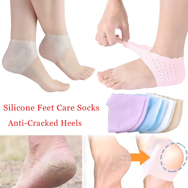1Pair Silicone Feet Care Socks Anti-Cracking Moisturizing Gel Heel Thin Socks Lace Heel Cover with Hole Foot Skin Care Protector